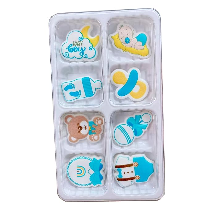 8 PCS Edible Blue Baby Boy Icing Cake Decoration Baby Showers Themed Candy Sprinkle Cupcake Topper Ice Cream Cookies Frosting Decoration