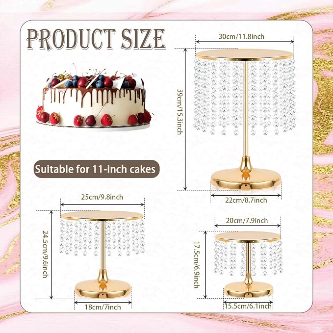 Metal Mirror Cake Stand Set with Crystal Pendants - Elegant Dessert Table Display for Weddings, Birthday Parties, Baby Showers, Events - Sturdy Crystal Bling Cupcake Stands for Pastries, Sweets, Decorations (Gold, Set of 3)