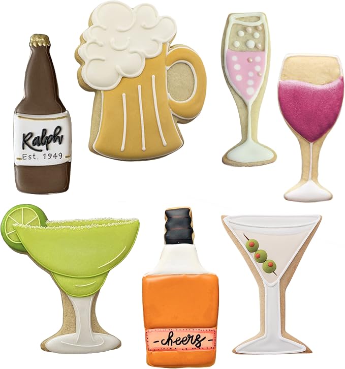Ann Clark Cocktail Party Cookie Cutters 7-Pc Set (Champagne Glass, Wine Glass, Martini Glass, Margarita Glass, Beer Bottle and More)