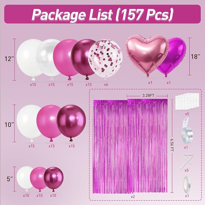 157PCS Hot Pink White Balloons Garland Arch Kit with Fringe Curtain for Wedding Engagement Anniversary Birthday Graduation Bridal Baby Shower Party Decorations