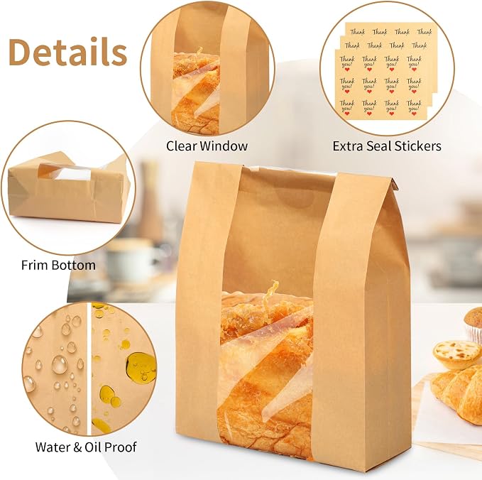 30 Pcs Bread Bags for Homemade Bread, 13.7 x 8.3 x 3.5 Inch Large Sourdough Kraft Paper Bakery Bags with Clear Window, Includes 30 Sealing Stickers for Storing Loaves & Snacks