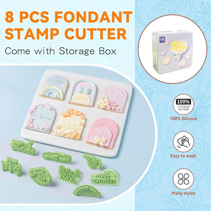 KALAIEN 8 Pcs Happy Birthday Fondant Letter Cutters,Cookie Stamps for Cake Cookie Baking Decoration,Happy Birthday Fondant Stamp