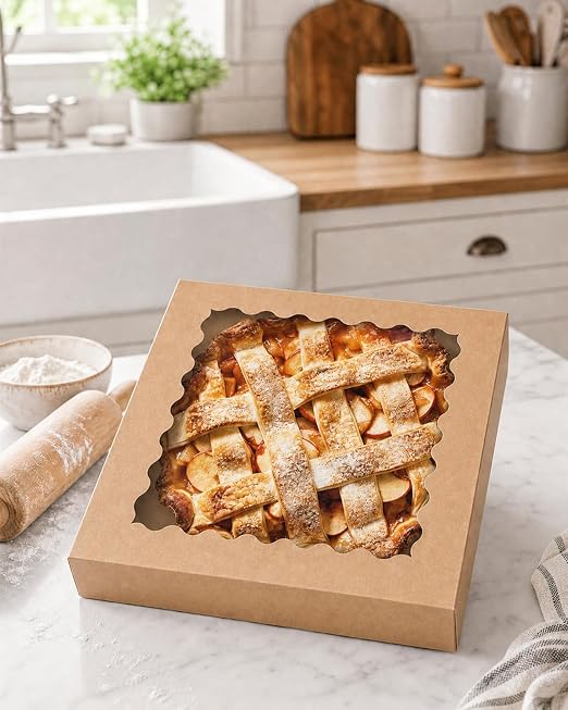 Bakepacker 120pcs Brown Pie Boxes 12"x 12"x 3" Easy Assemble Macaroon Cookie Boxes Bakery Boxes with Window for Bakery (Auto-pop Up)