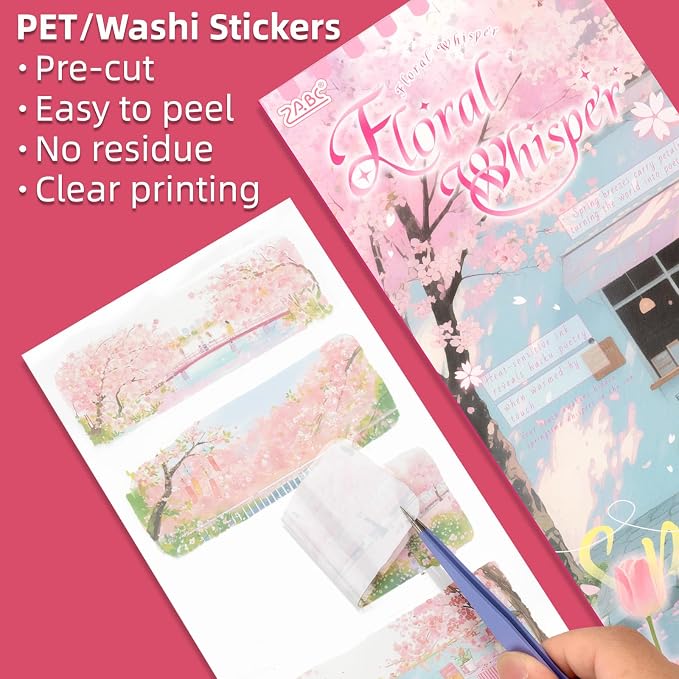 Sakura Series Sticker Scrapbooking Supplies for Junk Journal, 10 Sheets PET Stickers and 10 Sheets Washi Stickers