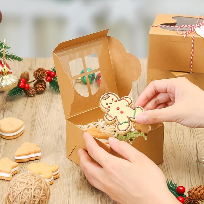 COTOPHER 30Pcs Christmas Cookie Boxes with Window, 4x4x2.5 inch Kraft Brown Bakery Boxes for Gift Giving, Mini Cake Boxes for Treat Donuts Chocolate Strawberries Pastries Muffins