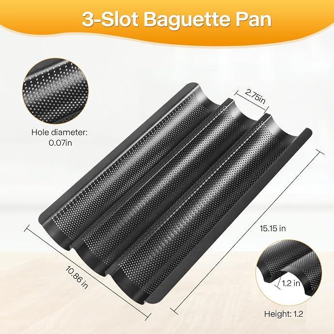 French Baguette Bread Pan, 3 Loaf Bread Pan Nonstick, Perforated Baguette Tray, Oven Safe, Health Homemade Bread Baking Supplies with Couche, 15x11 Inch, Round Corner and Heat Evenly, Black