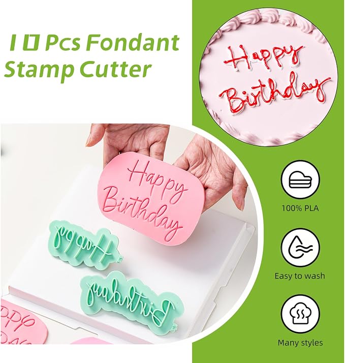 KALAIEN 10 Pcs Happy Birthday Fondant Stamp Letters,3D Design Custom Mould Cookie Cutter Sets for Cake Cookie Decorating Supplies//Sugar Paste/Cupcake/Chocolate