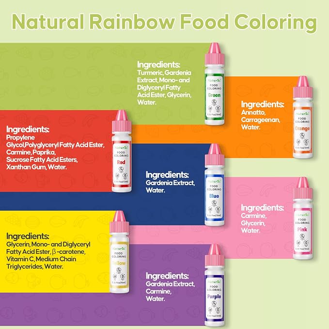Natural Food Coloring 7 Colors Set 10ml, FD&C Dye Free & No Artificial Dyes Baking Supplies, Vibrant Rainbow Natural Edible Dye for Cake Decorating, Cookie Icing, Fondant Frosting & Slime| 0.35oz/Bottles