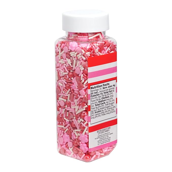 Hearts, Flowers & Pearls Sprinkle Mix Red, White and Pink 4.4 oz, Valentines Sprinkles Sprinkles For Cake Decorating, Baking, Ice Cream & More, The Hampton Candy Company