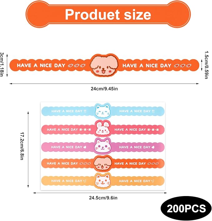 200Pcs Handmade Food Baking Seal Stickers Labels,Cute Cat Dog Long Label Bakery Stickers,Self Adhesive Goods Bakery Sticker Sealing Tamper Proof Sticker for Pastry Bags Lollipops Candy Cake