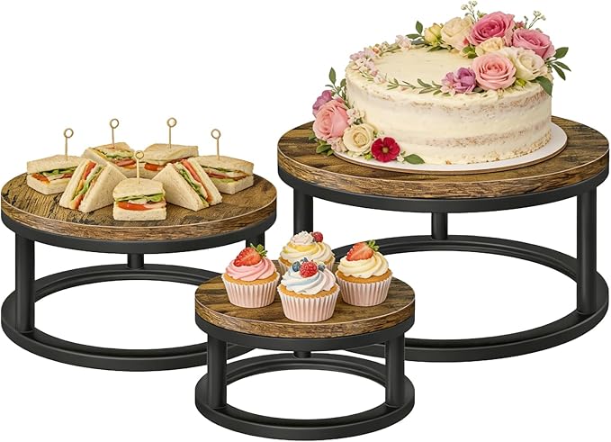 Cake Stand Set, 3 Packs Round Cupcake Stand Cake Pedestal Stand (8"/10"/12" Plate) Industrial Rustic Wood Rustic Dessert Table Display Stand Set Serving Tray for Party, Wedding, Birthday, Baby Shower