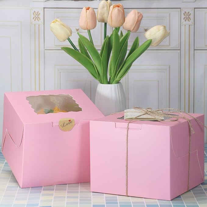 12 Pack 6x6x5 Inch Cake Boxes with Window, Pink Bakery Carriers for Bento Cake, Cupcakes, Cookies, Dessert Treats – Perfect for Valentine's Day, Mother's Day Gifting