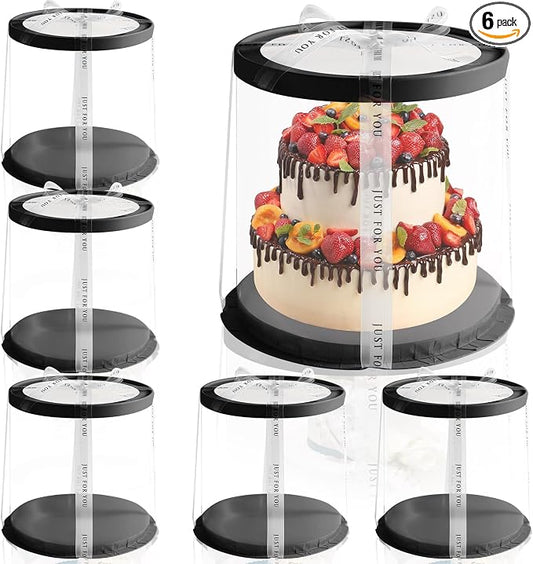 JCD Black Multi-Layer 10 * 10 Inch Round Clear Cake Boxs with Ribbon,6 Pack Tall Transparent Packaging Cake Containers PET Cake Carrier Box for Birthday (Black, Round 10inch/6pcs)