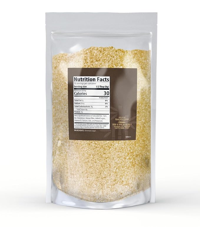 Unpretentious Demerara Sugar, Raw First-Pressed Sugarcane Crystals For Drinks & Baking (1 Pound)