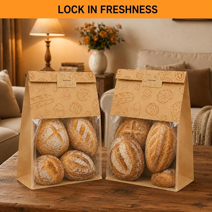 Extra Large Bread Bags for Homemade, 50 Count, 50% Thicker Sourdough Paper With Ties, 15.7 * 10.2 * 5.1 in, Tin Tie Tab Lock Bakery Bags With Window and Sealing Stickers for Storage Packaging Gifting