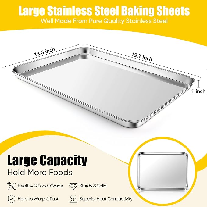 Homikit Baking Pan Sheet Set of 2, Stainless Steel Cookie Sheets Tray for Oven, 20 x 14 Large Metal Half Sheet Bakeware for Cooking Baking, Rustproof & Heavy Duty, Mirror Finish & Dishwasher Safe