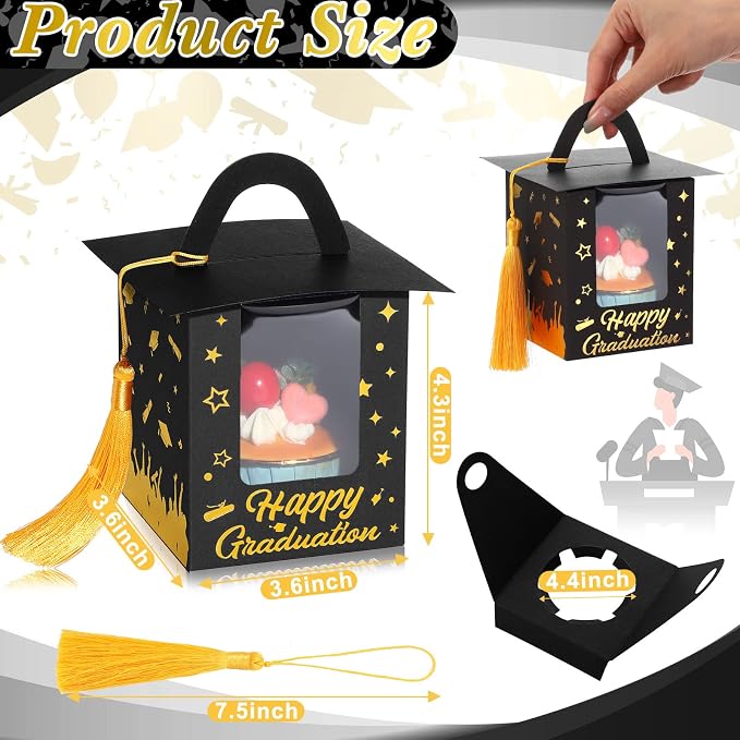 Outus 30 Pcs Graduation Cupcake Boxes Graduation Gift Box Congrats Grad Cupcake Container Candy Boxes with Window and Tassel for 2026 College High School Grad Party(Black)