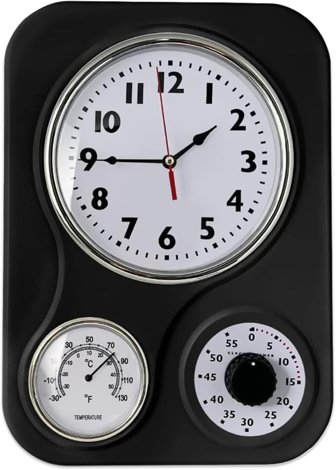 Lily's Home - 9 Inch x 12.5 Inch - Retro Kitchen Wall Clock, Vintage Wall Clock with a Thermometer and 60-Minute Timer, Ideal for Any Kitchen, Office, or Diner (Black)