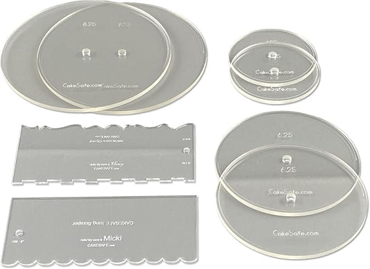 CAKESAFE Bare Necessities Cake Decorating Acrylic Disk Kit – 3 Sets - Round 4.25”, 6.25” and 8.25” Disk Sets (2 disks per size), 2-8" Icing Scrapers with 1 Scraper Edge and 3 Cake Comb Patterns