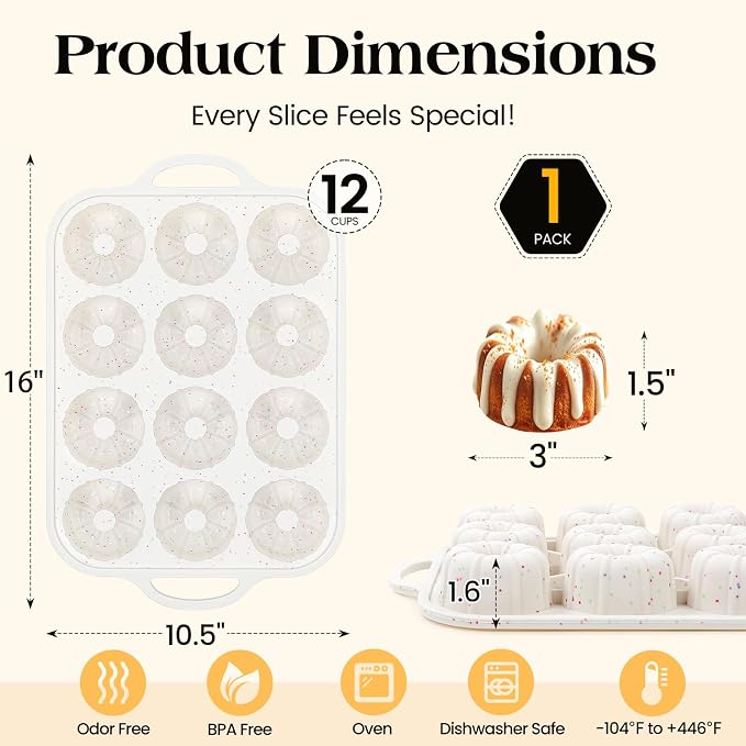 Vinino 3 Inch Silicone Mini Fluted Tube Cake Pan with Metal Reinforced Frame, 12-Cavity Mini Flan Mold, Nonstick Baking Pan for Mini Donuts, Muffins, Brownies, Jellies, 1 Pack