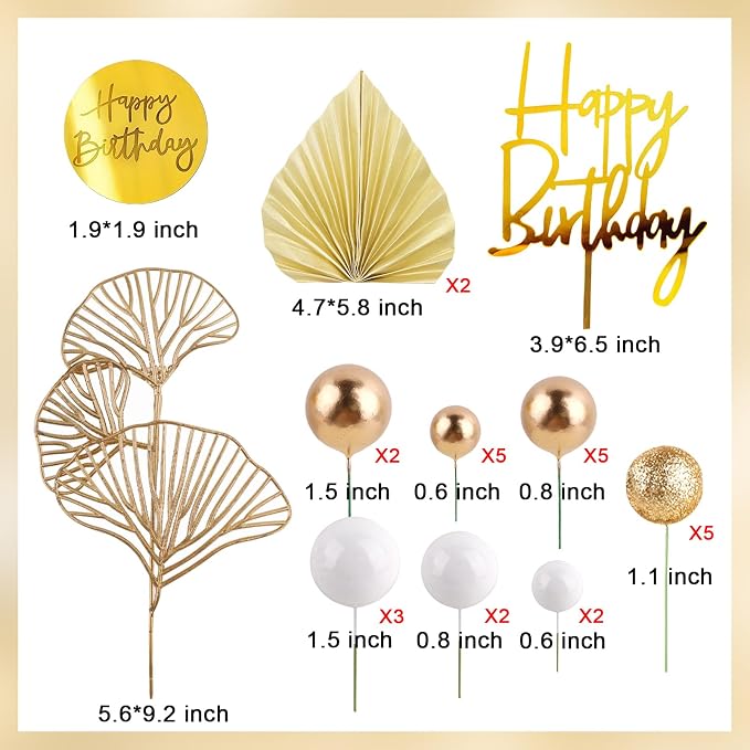 MEMOVAN White Gold Balls Cake Toppers Champagne Rose Cake Decoration with Gold Palm Leaves Boho Birthday Cake Decoration Balloon Cake Insert for Birthday Bohemian Wedding Baby Shower Party