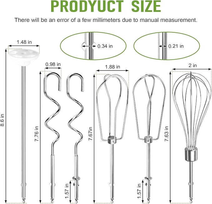 Hand Mixer Beaters Fits for Cuisinart Stainless Steel Left and Right Turbo Style Beaters,Wire Egg Whisk,Liquid Blending Rod,Dough Hooks-CHM Series Hand Mixer CHM-3 CHM-7PK HM-50 HM-70,Set of 6
