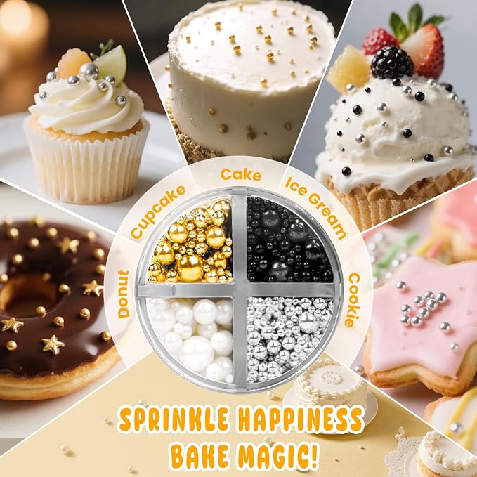 Edible Pearl Sprinkles for Cake Decorating, 160g/5.64oz, Mix 4 Colors Gold White Silver and Black Pearls Sprinkles for Cupcake, Cookies, Baking Cake Decorations, Holiday, Wedding Party Supplies