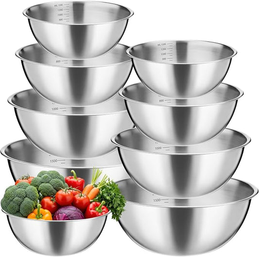 Honeydak 8 Pack Stainless Steel Mixing Bowls Set Nesting Bowls with Scale Includes 1.3, 1.7, 2.6, and 3.2 Qt Meal Prep Bowl Stainless Steel Salad Bowl Dishwasher Safe for Baking Cooking Prepping