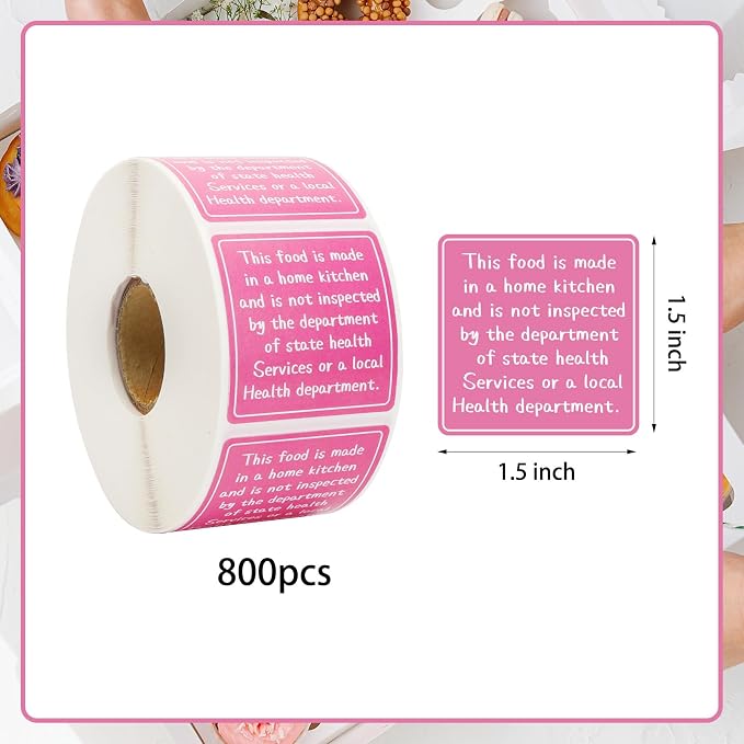 800pcs Cottage Food Law Labels 1.5x1.5 Inch Square Homemade Thermal Printed Adhesive Sticker Inspection Statement Ingredient Label Stickers for Home Kitchen Bakery Homemade Food Packaging - Pink
