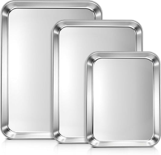 LIANYU Baking Sheet Pans Set of 3, Stainless Steel Cookie Sheets for Baking, 17.5/16/12.4 Inch, Half/Quarter/Jelly Roll Pans for Oven, Mirror Finish Metal Tray, Heavy Duty & Rust Resistant