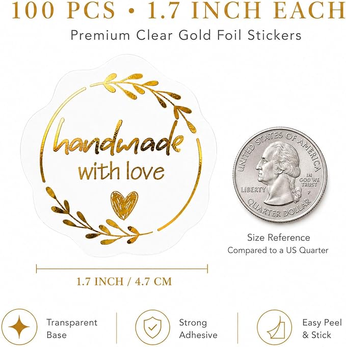 Handmade with Love Gold Foil Stickers, Pack of 100 Embossed Matte Gold Seals for Bakery Packaging, Treat Bags, Pastry Boxes, Small Business Thank You Labels for Gift Wrapping, 1.7 Inch (Clear Gold)
