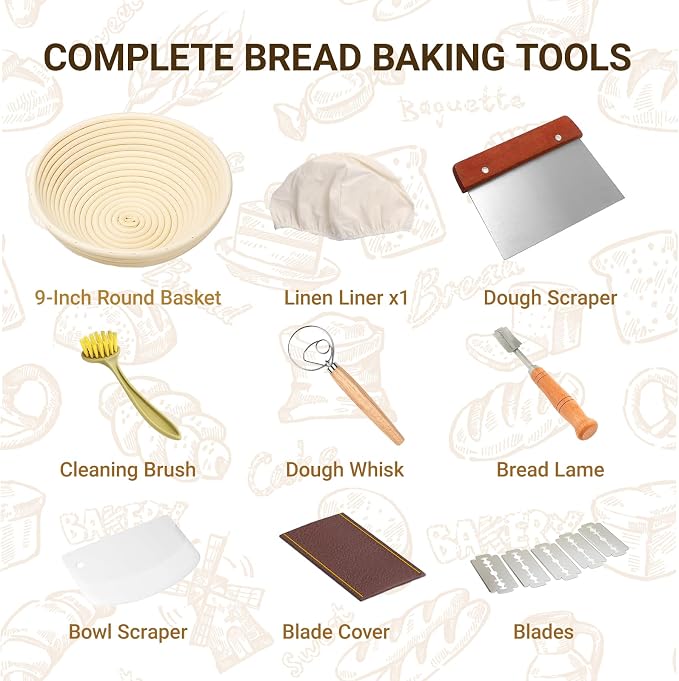 7-Piece 9 Inch Round Proofing Basket, Complete Sourdough Starter Kit with Linen Liner & Tools, Sourdough Bread Baking Supplies & Making Accessories Gift Set - Send Goods from Local Warehouse (1 Pack)