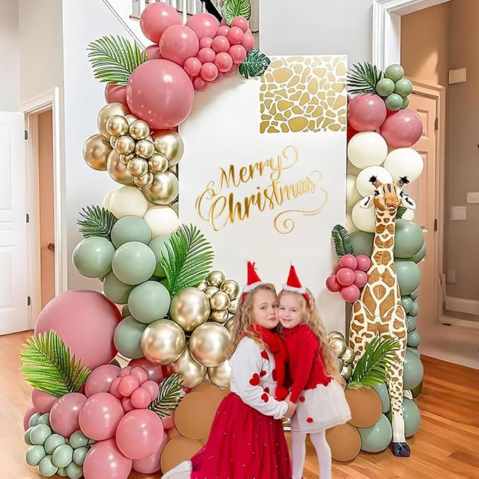 MEBAY Pink Green Brown White Balloon Garland Arch Kit, 166Pcs Blush Pink Pastel Green White Sand Tan Brown Boho Balloons for Baby Shower Birthday Wedding Safari Jungle Woodland Party Decorations
