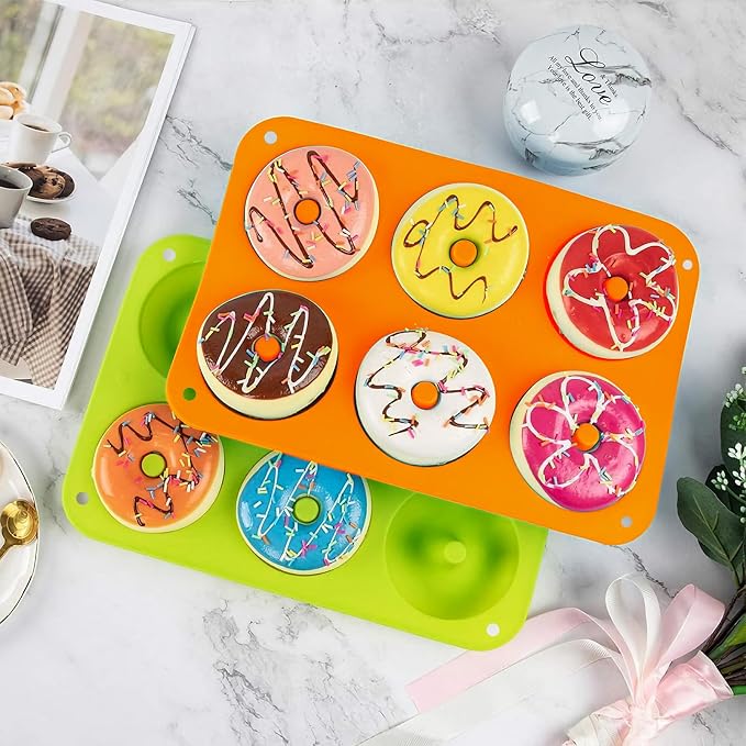 2er Pack Silicone Donut Mold - Non-Stick Silicone Doughnut Pan DIY Chocolate Baking Cookie Molds, Heat Resistant, Make Donut Cake Biscuit Bagels, BPA Free Dishwasher Safe (orange, 6 Cavities)