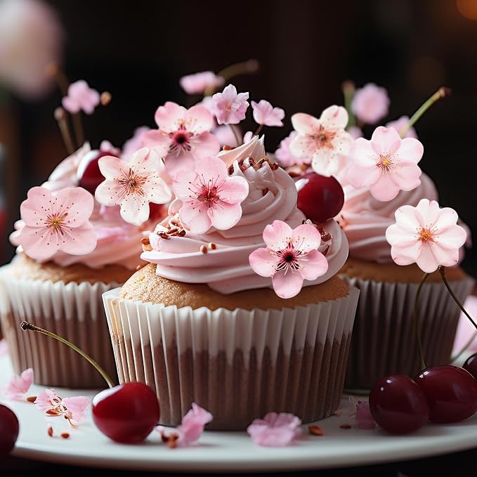 70PCS Edible Cherry Blossoms Cupcake Toppers Pink Edible Cherry Flowers Cake Decorations Wafer Paper Flowers Cupcake Topper for Flowers Theme Birthday Party Decor Supplies NOT REAL FLOWERS