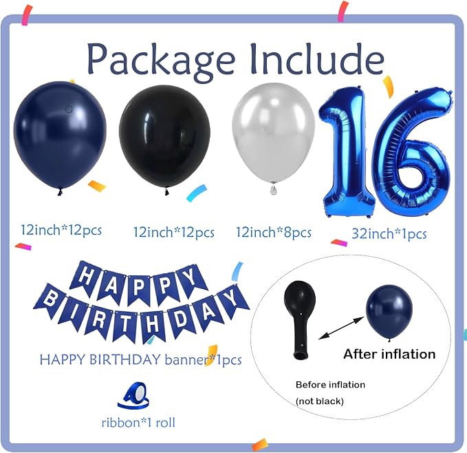 Blue 16th Birthday Decorations For Boys -12 Inch Navy Blue Black Silver Balloons, 32 Inch16 Balloon, Happy Birthday Banner For Sweet 16 Party Decorations Boy