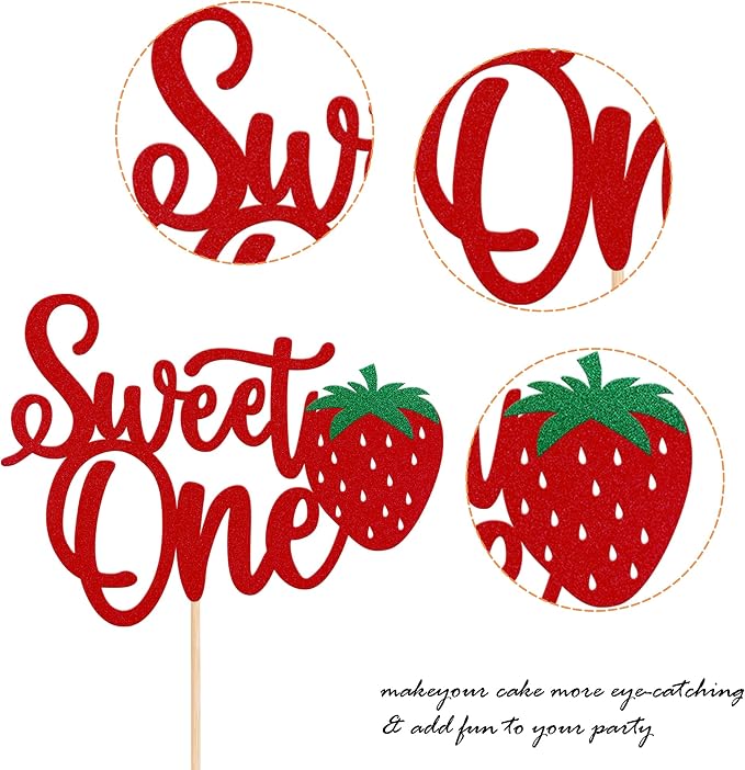 1 Pack Sweet One Cake Topper Glitter First Birthday Strawberry Cake Pick for Fruit Baby Shower 1st Birthday Berry Sweet Cake Decoration For Birthday Party Supplies Red
