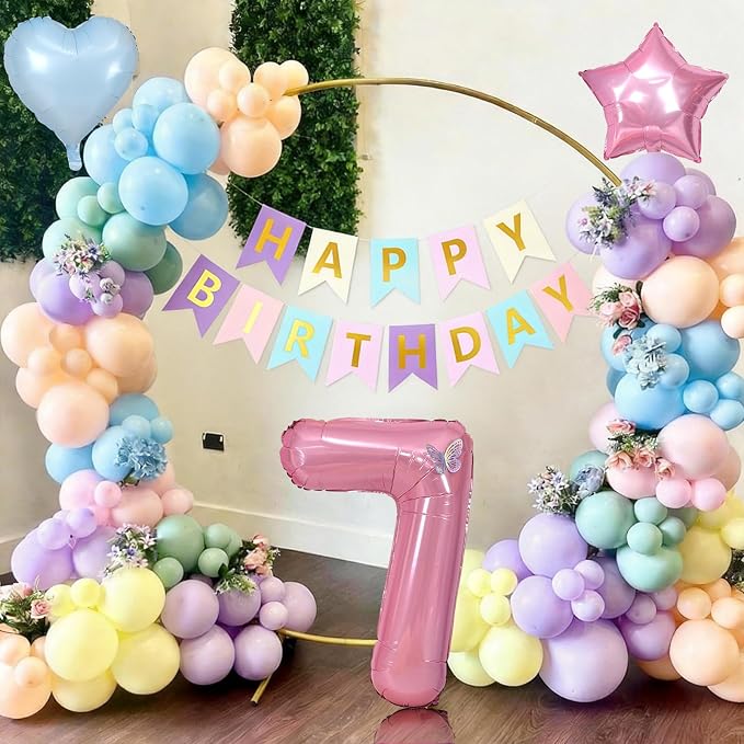 Pastel 7th Birthday Decorations for Girl,Macaron Rainbow 7th Party Decoration Pink Blue Purple Green Yellow Colorful Balloons Banner Star Heart Number 7 Foil Balloon Cake Topper Butterfly Stickers
