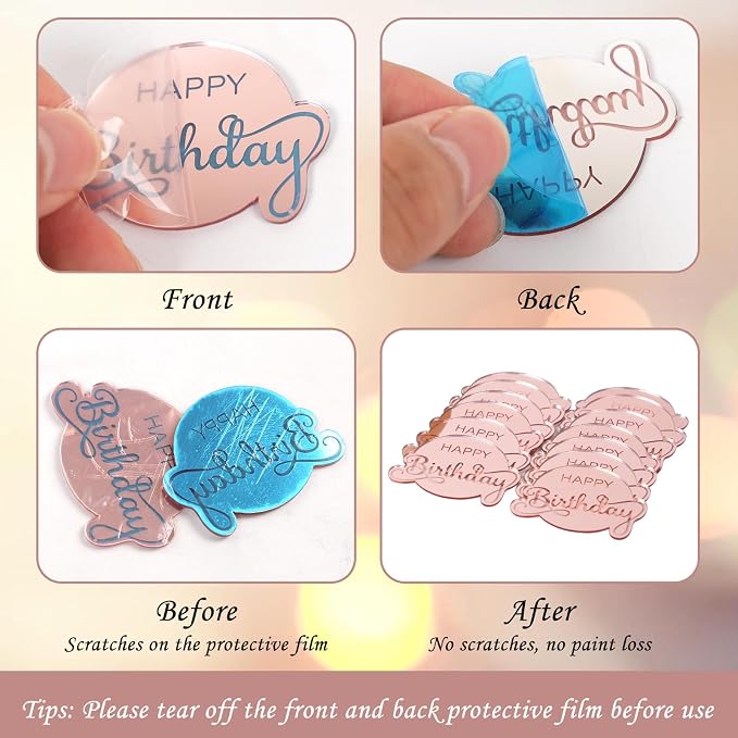 20 Pcs Mirror Acrylic Happy Birthday Cupcake Toppers Pink Happy Birthday Cake Topper Engraved Mini Cake Picks for DIY Birthday Gift Flower Bouquet Pastries Desserts Decor