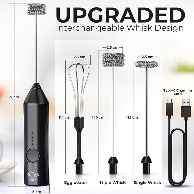 Zulay Kitchen Rechargeable Milk Frother Handheld - Frother Wand, Drink Mixer, Electric Whisk Frother, for Cappuccinos, Matcha & Protein Powder - Dynamic 3 Whisk, 3 Speed 500mAh Black