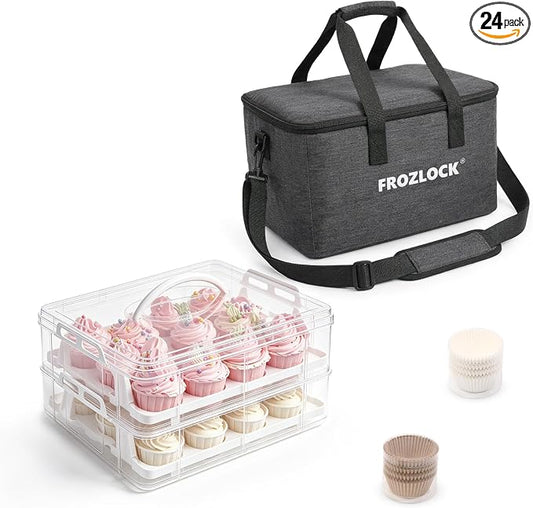 Cupcake Carrier 24 Count, Cupcake Holder With Lid And Handles, 2-Layer Cupcakes Storage Containers, Cupcake Transport Container, Cupcake Box With Portable Insulated Bag And 200pcs Cupcake Liners
