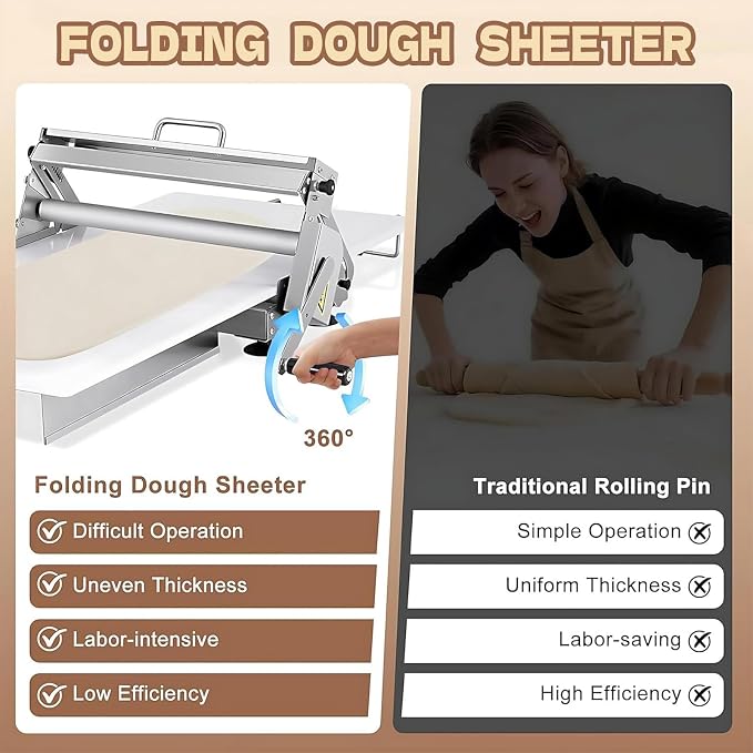 Dough Press Machine, Folding Manual Stainless Steel Dough Sheeter with 0-27mm Adjustable Thickness, Sheeter Board for Pizza, Croissant, Puff Pastry Dough, Home & Commercial Use