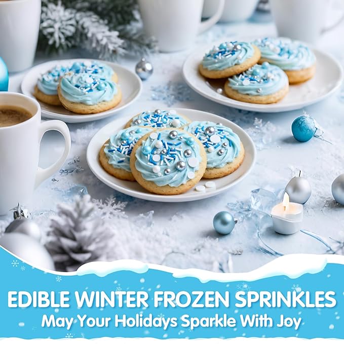 Edible Blue Silver White Sprinkles,Winter Jimmies Pearls Mix,130g/4.58oz,Perfect for Cake Decorations,Cake and Cupcake Sprinkles with Assorted Shapes and Sizes for Parties Baking,Ice Cream,Cookies,Cupcake Topper,Baby Shower Party Decorating Supplies