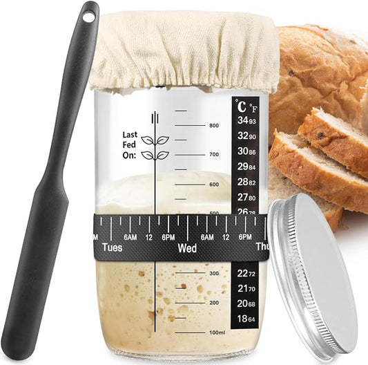 Zunmial Sourdough Starter kit, 34OZ Sourdough Starter Jar with Date Marked Feeding Band, ThermometerCloth Cover & Metal Lid, Reusable Sourdough Bread Baking Supplies, Home Baking Gifts