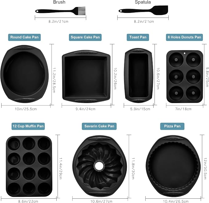 Aschef 9in1 Nonstick Silicone Baking Ring Cake Pan Cookie Sheet Molds Tray Heat Resistant Bakeware Tools Kit for Muffin Loaf Bread Pizza Cupcake Utensil