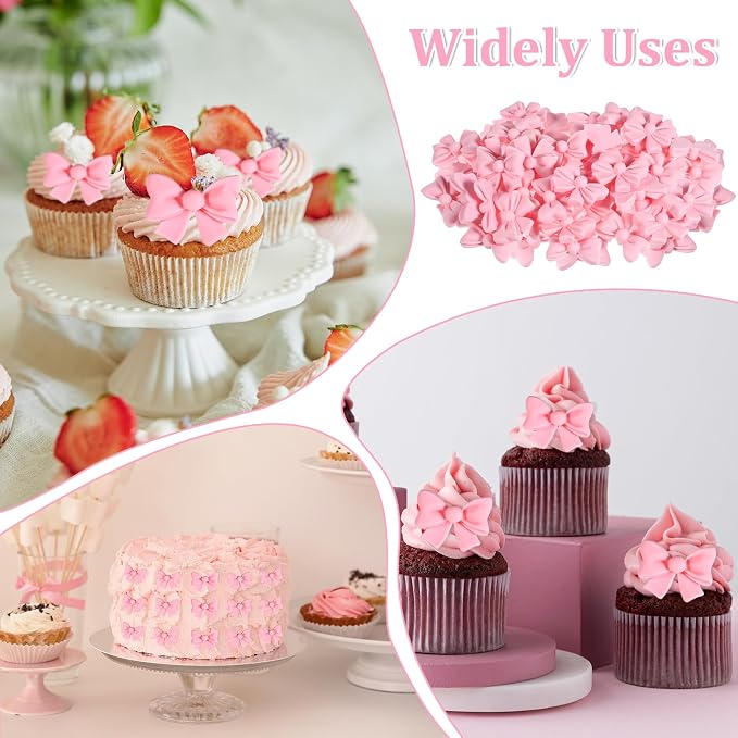 Bewudy 50Pcs Pink Bow Cupcake Toppers, Bowknot Cake Decorations Birthday Decorations for Theme Parties Bridal Engagement Wedding Baby Showers Birthday Party (Not Edible)