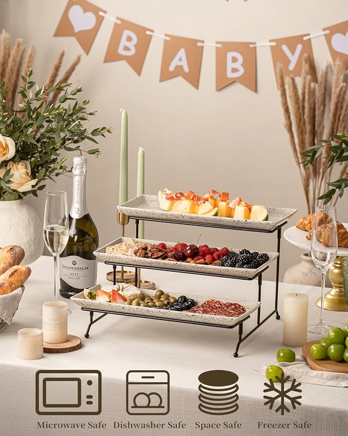 LAUCHUH 3 Tier Serving Trays for Party, 14 inch Porcelain Tiered Tray Stand Serving Platter with Collapsible Sturdier Rack Serving Dishes for Father's Day Entertaining, Speckled Glaze
