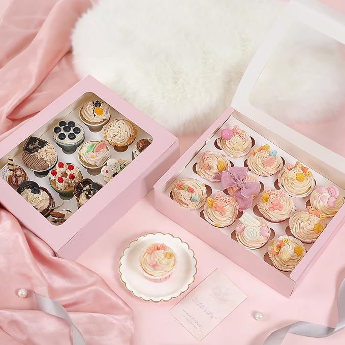 Moretoes 12 Count Cupcake Boxes, 7PCS Auto-Popup Cupcake Container with Window Boxes, Pastry Box for Birthday Holiday Party Bakery Supplies (Pink)