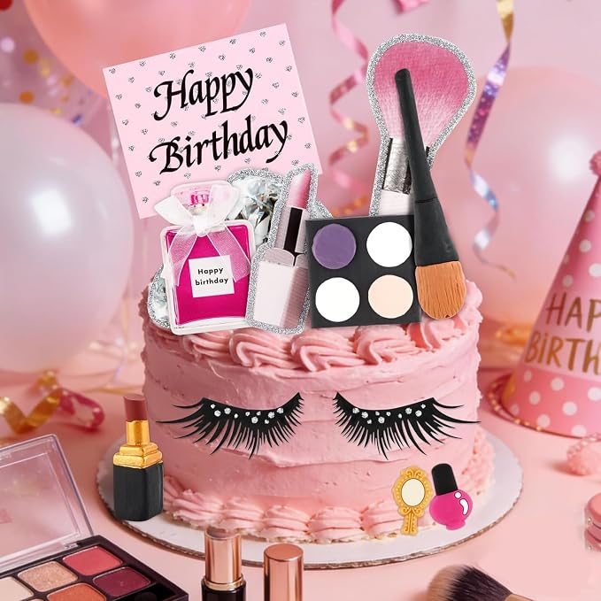 12PCS Makeup Cake Topper Makeup Cake Decorations with Lipstick Eye Shadow Makeup Brush for Girl Women Salon Birthday Party Decor Spa Party Supplies Make up Themed Party Decor Bachelorette
