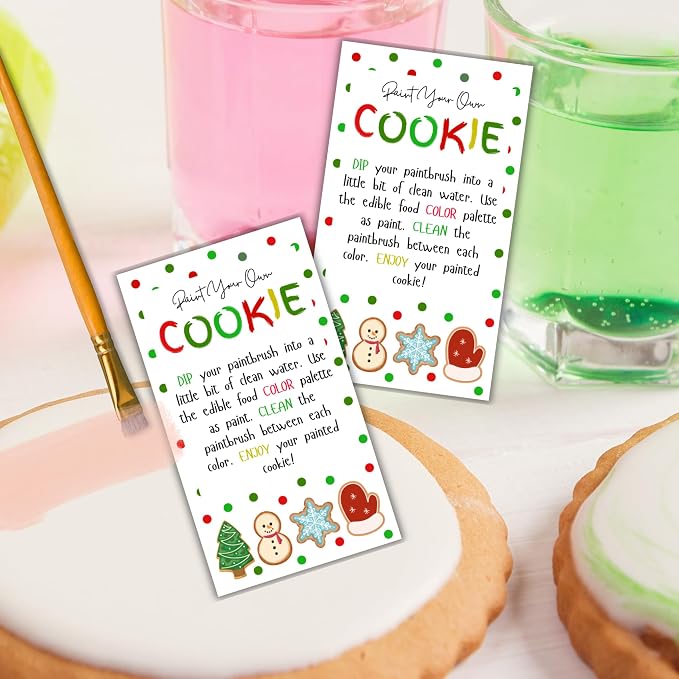 Paint Your Own Cookie Instruction Cards 50pk 3.5x2” for Christmas Holiday Sugar Cookies DIY Decorating Kit Bakers Care Bulk Guide Clients Food Coloring